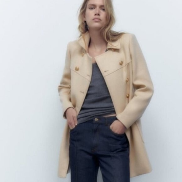 NEW Zara Women's WOOL BLEND Double-breasted Coat Sand - Picture 2 of 11